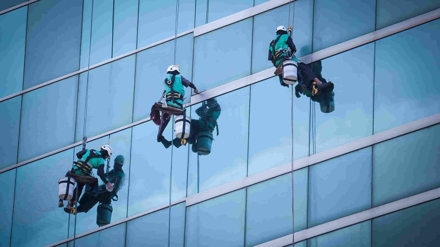 groupe de travailleurs nettoyant des vitres